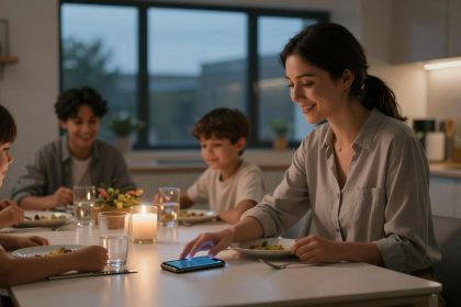 A family of four sits around a dining table, smiling. A woman touches a smartphone. A candle and glasses of water are on the table.