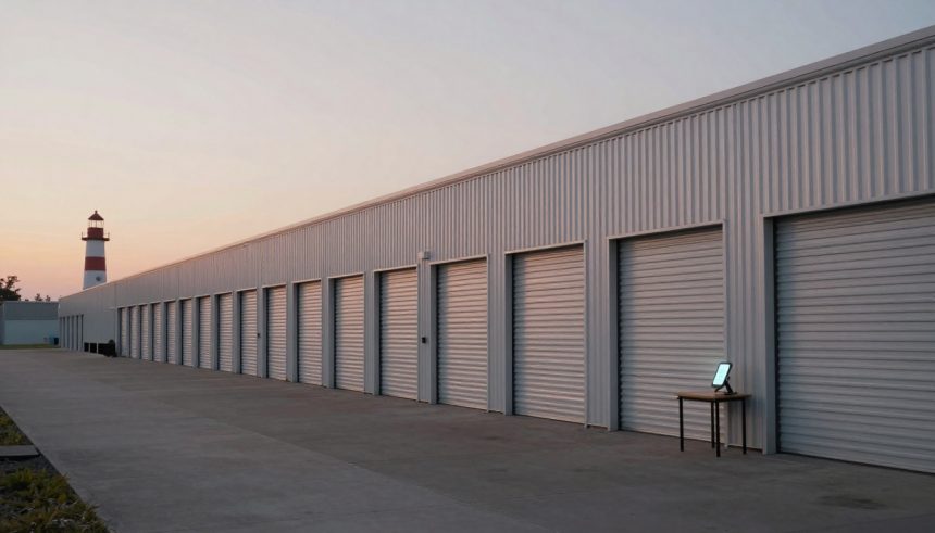 A row of storage unit doors on a beige metal building at sunset. A lighthouse is visible in the background. A small table with a glowing tablet stands on the concrete walkway.