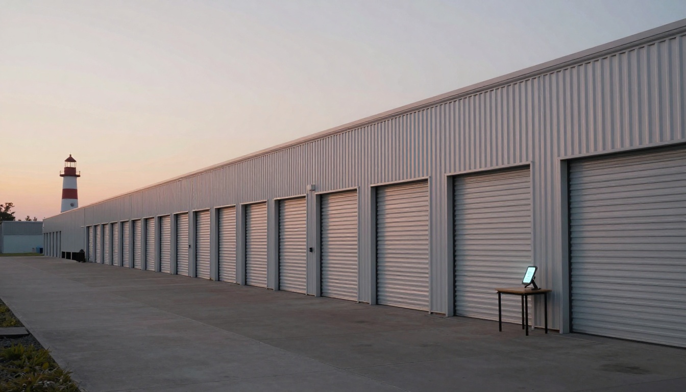 A row of storage unit doors on a beige metal building at sunset. A lighthouse is visible in the background. A small table with a glowing tablet stands on the concrete walkway.