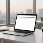A laptop on a white desk displays a calendar. Next to it, an open notebook and a white mug with a watch attached. Large windows show a cityscape.