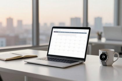 A laptop on a white desk displays a calendar. Next to it, an open notebook and a white mug with a watch attached. Large windows show a cityscape.