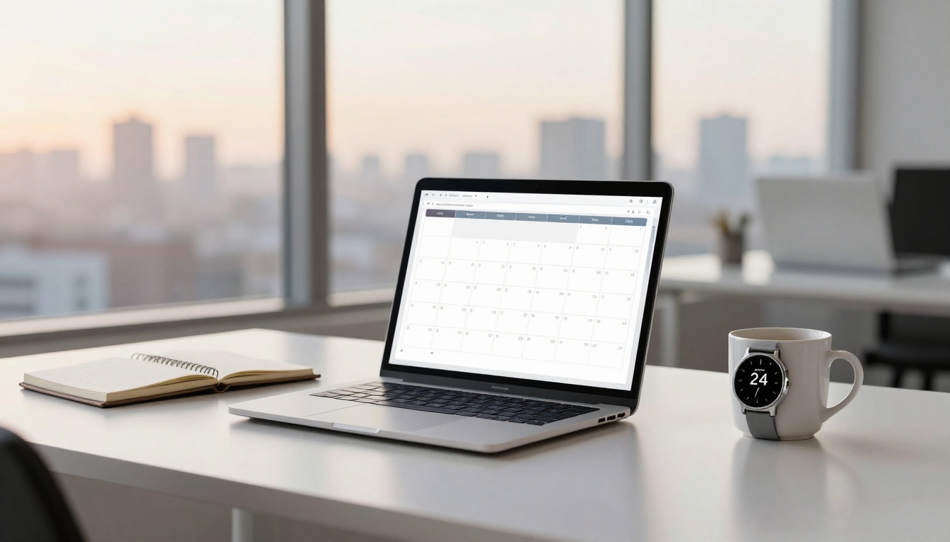 A laptop on a white desk displays a calendar. Next to it, an open notebook and a white mug with a watch attached. Large windows show a cityscape.