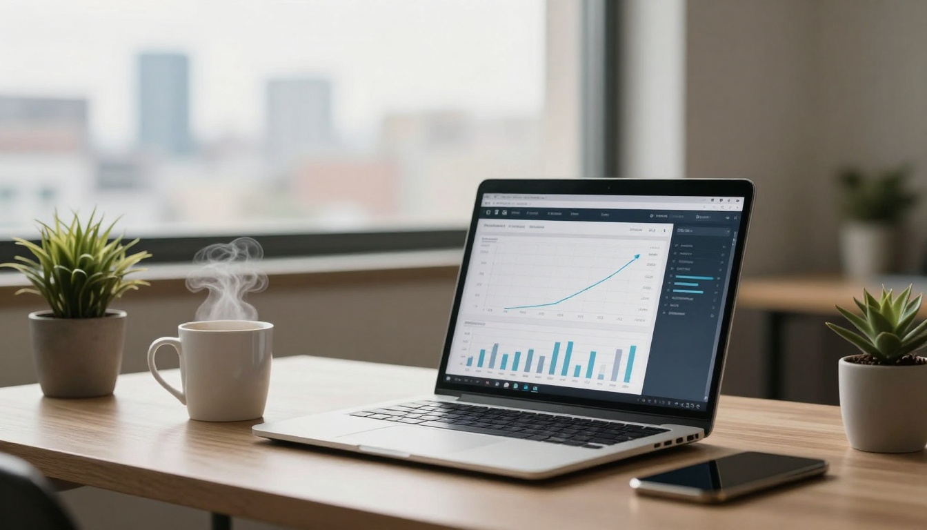 A laptop displaying graphs and charts is on a wooden desk. A steaming mug and two small potted plants are nearby. A smartphone lies beside the laptop.