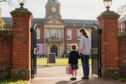A woman and a child stand in front of an open wrought iron gate leading to a brick school building with a clock tower. The child, wearing a school uniform and holding a colorful lunchbox, looks towards the school. The woman, in casual attire, stands beside the child. A chalkboard sign is visible on the path.