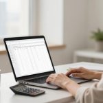 A woman types on a laptop displaying a spreadsheet. A calculator and a mug are on the white desk. A plant is visible in the background.