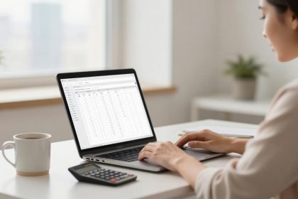 A woman types on a laptop displaying a spreadsheet. A calculator and a mug are on the white desk. A plant is visible in the background.