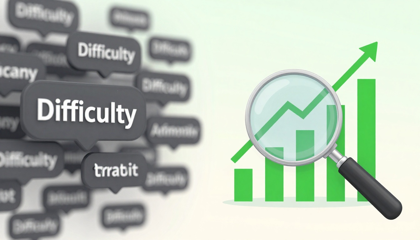 Speech bubbles with the word "Difficulty" overlap on the left. A green bar graph with an upward arrow and magnifying glass is on the right.