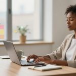 A person in a beige blazer works on a laptop at a wooden desk with a potted plant, notebook, and mug. A sticky note board appears nearby.