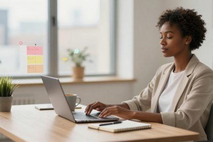 A person in a beige blazer works on a laptop at a wooden desk with a potted plant, notebook, and mug. A sticky note board appears nearby.