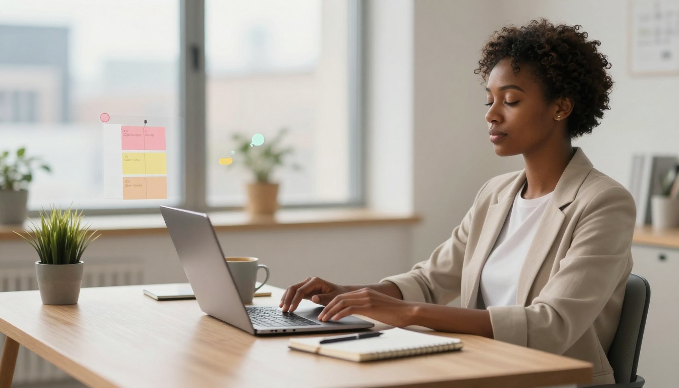 A person in a beige blazer works on a laptop at a wooden desk with a potted plant, notebook, and mug. A sticky note board appears nearby.