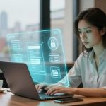 A woman in a white shirt works on a laptop at a wooden table. A holographic interface with icons and text floats above the keyboard. A cup and plant are on the table, with a cityscape visible through the window.