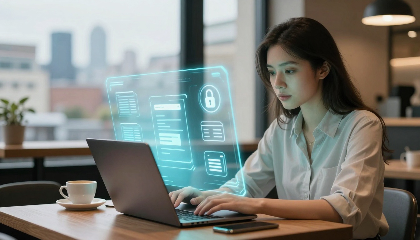 A woman in a white shirt works on a laptop at a wooden table. A holographic interface with icons and text floats above the keyboard. A cup and plant are on the table, with a cityscape visible through the window.