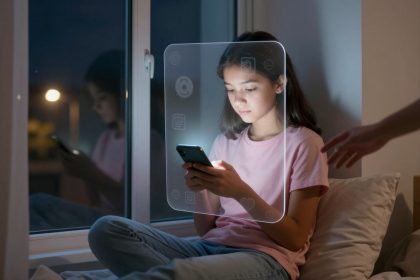 A girl in a pink shirt sits on a bed, looking at her smartphone. A translucent screen with app icons overlays her. A hand reaches toward her.