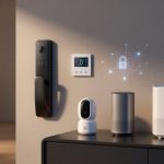 Smart home setup with a digital thermostat, black smart lock, and holographic lock symbol on a wall. Below, a white security camera and two white smart speakers are on a black shelf. The background shows a softly lit room.