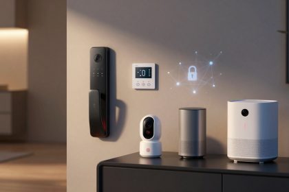 Smart home setup with a digital thermostat, black smart lock, and holographic lock symbol on a wall. Below, a white security camera and two white smart speakers are on a black shelf. The background shows a softly lit room.