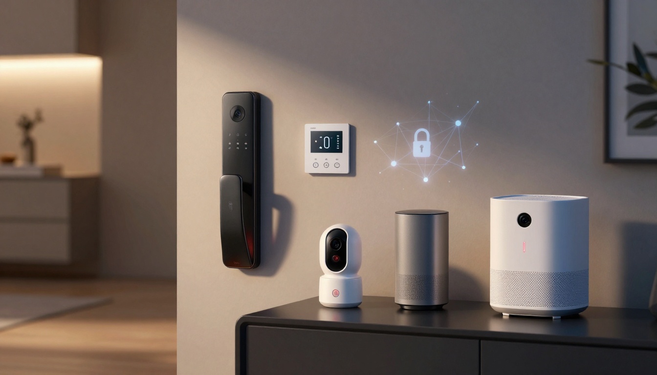 Smart home setup with a digital thermostat, black smart lock, and holographic lock symbol on a wall. Below, a white security camera and two white smart speakers are on a black shelf. The background shows a softly lit room.