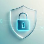 A digital illustration of a glowing blue padlock on a shield, with symbols of an envelope, chart, and location pin in the background.