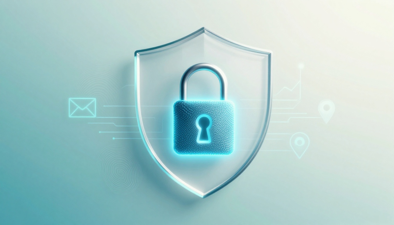 A digital illustration of a glowing blue padlock on a shield, with symbols of an envelope, chart, and location pin in the background.
