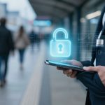 A person in a suit holds a smartphone at a train station. A digital padlock icon hovers above the phone, symbolizing security. Blurred commuters are in the background.