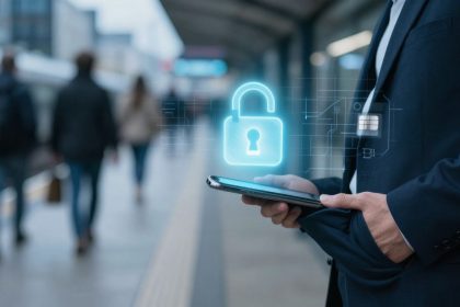 A person in a suit holds a smartphone at a train station. A digital padlock icon hovers above the phone, symbolizing security. Blurred commuters are in the background.