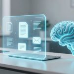 A digital hologram of documents and an envelope hovers above a laptop on a desk, next to a glowing blue 3D brain model.