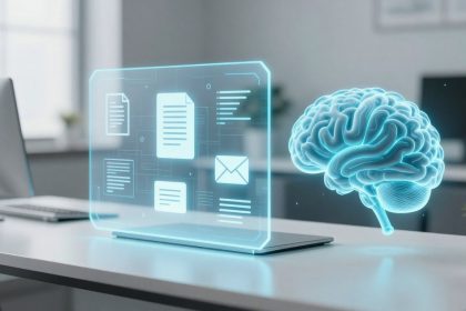 A digital hologram of documents and an envelope hovers above a laptop on a desk, next to a glowing blue 3D brain model.