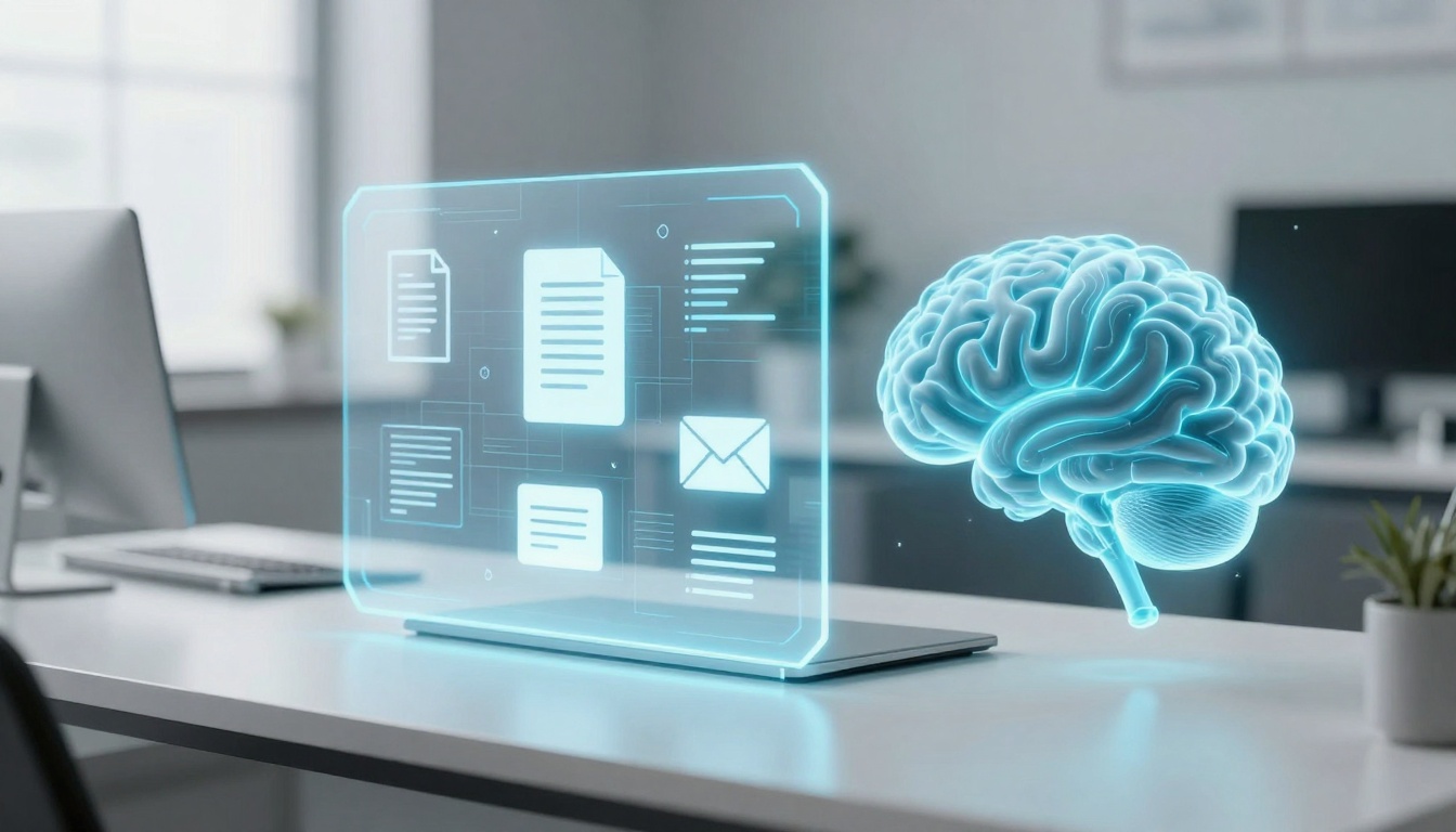 A digital hologram of documents and an envelope hovers above a laptop on a desk, next to a glowing blue 3D brain model.