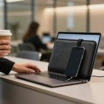 A person in business attire holds a coffee cup near a laptop on a desk. A smartphone is attached to the laptop. Blurred background of people working in an office.