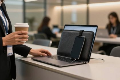 A person in business attire holds a coffee cup near a laptop on a desk. A smartphone is attached to the laptop. Blurred background of people working in an office.