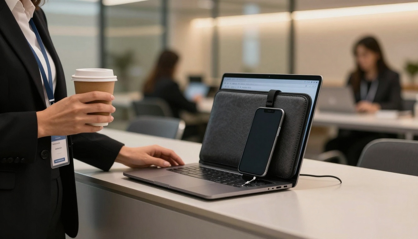 A person in business attire holds a coffee cup near a laptop on a desk. A smartphone is attached to the laptop. Blurred background of people working in an office.
