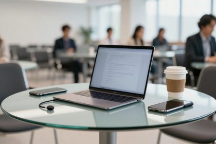 A laptop displaying text sits on a glass table alongside a smartphone and a takeaway coffee cup. Blurred people are seated in the background.