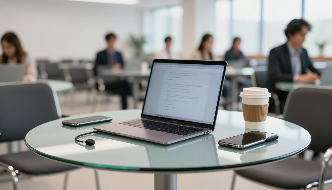 A laptop displaying text sits on a glass table alongside a smartphone and a takeaway coffee cup. Blurred people are seated in the background.