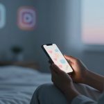 A person sits on a bed holding a smartphone displaying chat icons and hearts. Instagram and YouTube logos are projected on the wall.