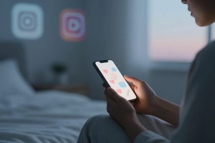 A person sits on a bed holding a smartphone displaying chat icons and hearts. Instagram and YouTube logos are projected on the wall.