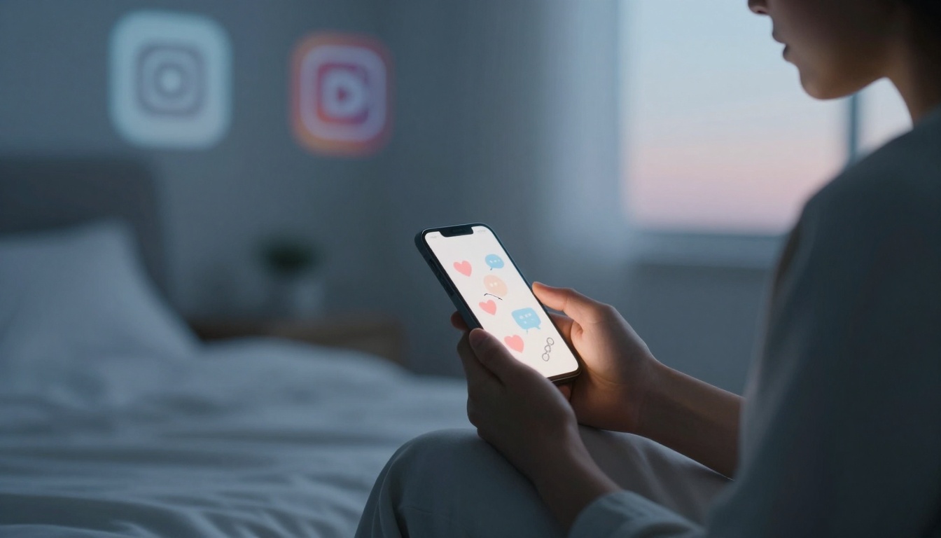 A person sits on a bed holding a smartphone displaying chat icons and hearts. Instagram and YouTube logos are projected on the wall.