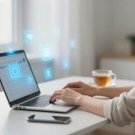 A person types on a laptop at a white desk, surrounded by floating digital icons. A smartphone, a cup of tea, and a plant are nearby.