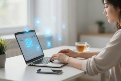 A person types on a laptop at a white desk, surrounded by floating digital icons. A smartphone, a cup of tea, and a plant are nearby.