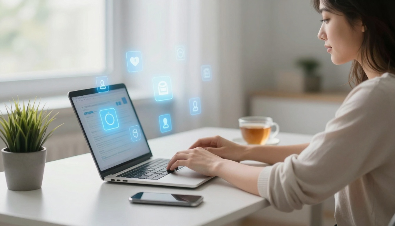 A person types on a laptop at a white desk, surrounded by floating digital icons. A smartphone, a cup of tea, and a plant are nearby.
