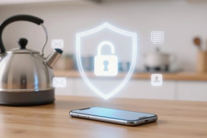 A smartphone on a wooden table with a glowing digital shield and padlock icon above it, indicating security. A kettle is blurred in the background.