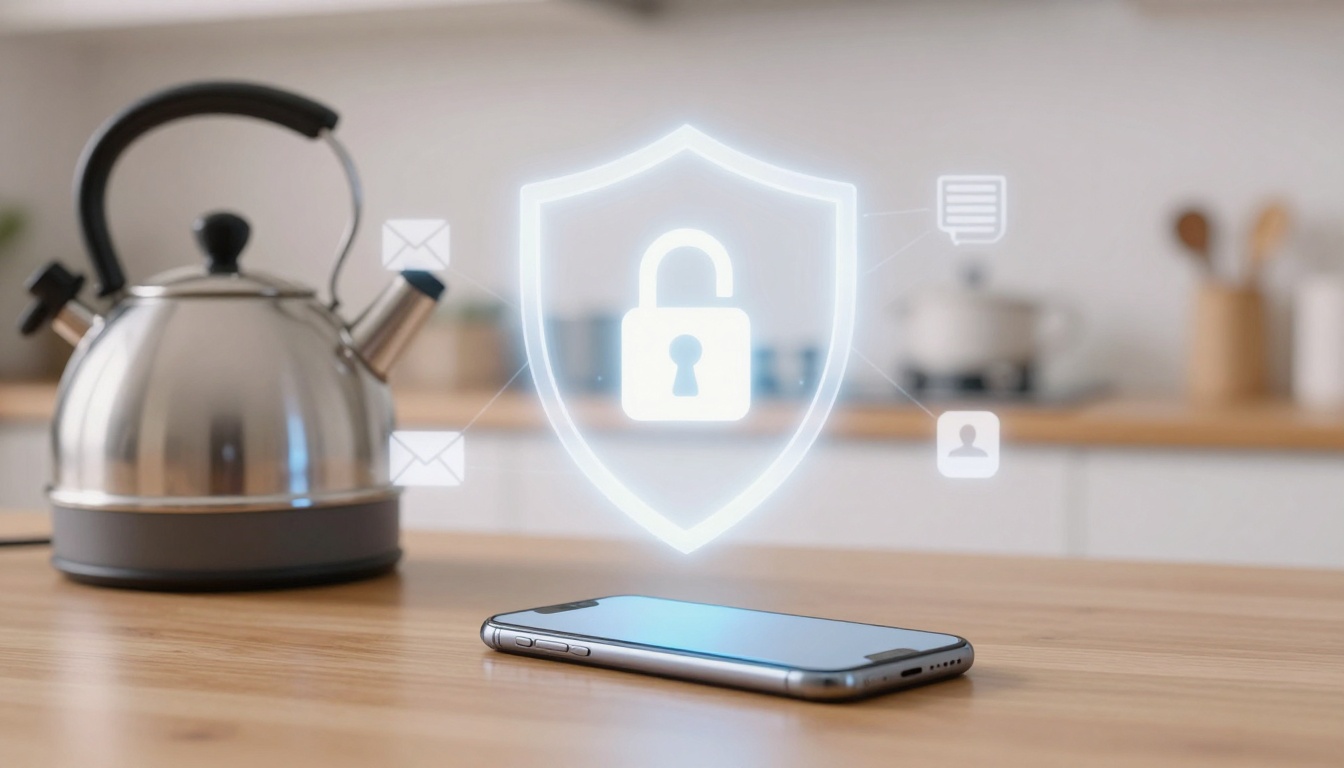 A smartphone on a wooden table with a glowing digital shield and padlock icon above it, indicating security. A kettle is blurred in the background.