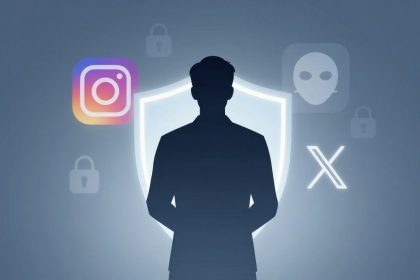 Silhouette of a person in front of a glowing shield icon. Instagram logo, alien mask, and lock symbols are in the background.