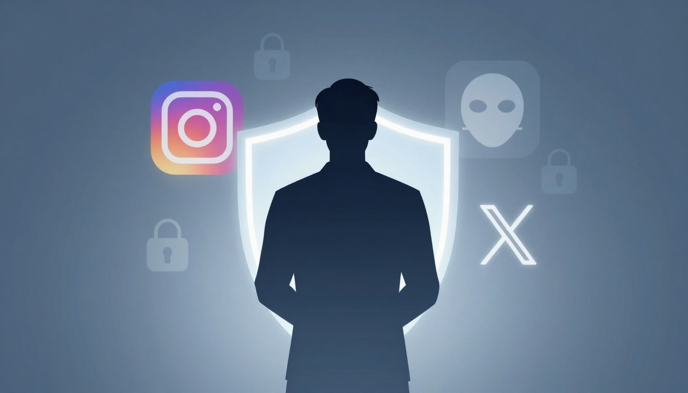 Silhouette of a person in front of a glowing shield icon. Instagram logo, alien mask, and lock symbols are in the background.