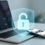 A laptop and smartphone on a desk with a digital padlock icon floating above, symbolizing cybersecurity. The smartphone displays a social media app.