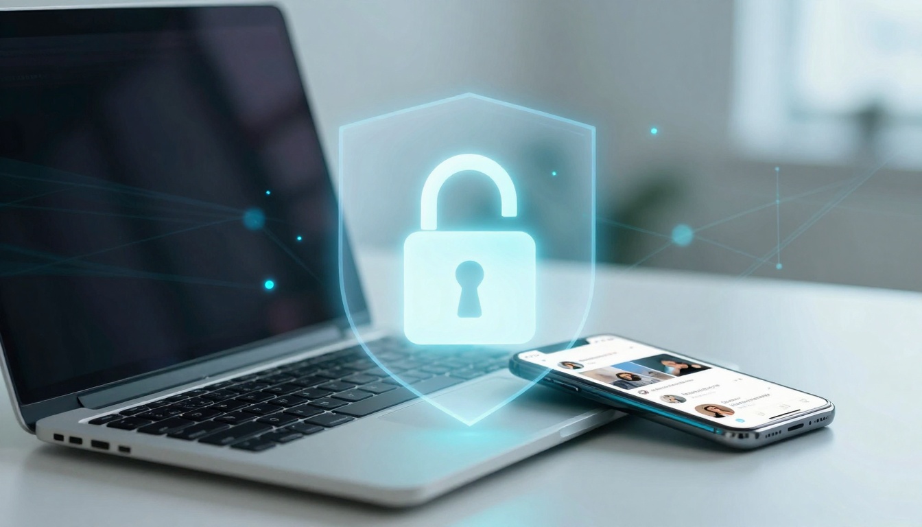A laptop and smartphone on a desk with a digital padlock icon floating above, symbolizing cybersecurity. The smartphone displays a social media app.