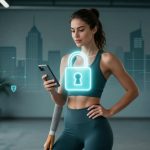 Woman in athletic wear looks at her phone in a gym with a digital lock icon overlay. Cityscape mural and exercise equipment in the background.