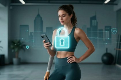 Woman in athletic wear looks at her phone in a gym with a digital lock icon overlay. Cityscape mural and exercise equipment in the background.