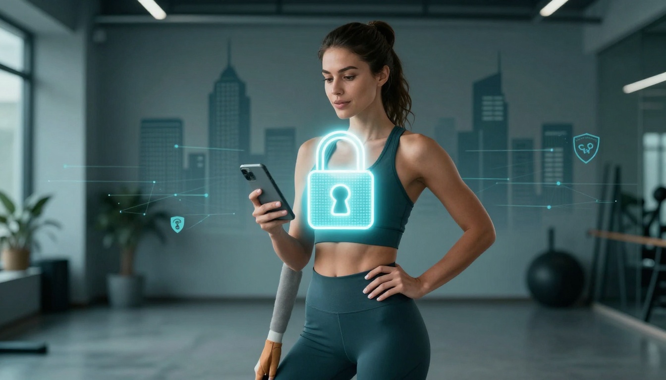 Woman in athletic wear looks at her phone in a gym with a digital lock icon overlay. Cityscape mural and exercise equipment in the background.