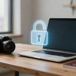 A DSLR camera, a laptop with a glowing lock icon on the screen, and a passport sit on a wooden desk near a window.