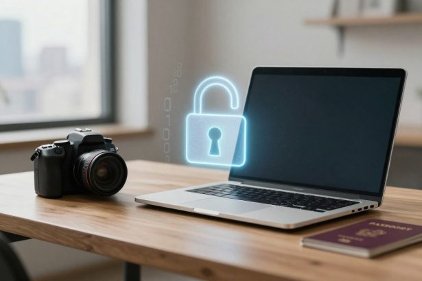A DSLR camera, a laptop with a glowing lock icon on the screen, and a passport sit on a wooden desk near a window.
