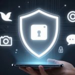 A hand holds a smartphone with a glowing shield icon above it, featuring a keyhole symbol. Surrounding icons include a camera, chat bubble, and bird, all against a dark background with circuit-like lines.